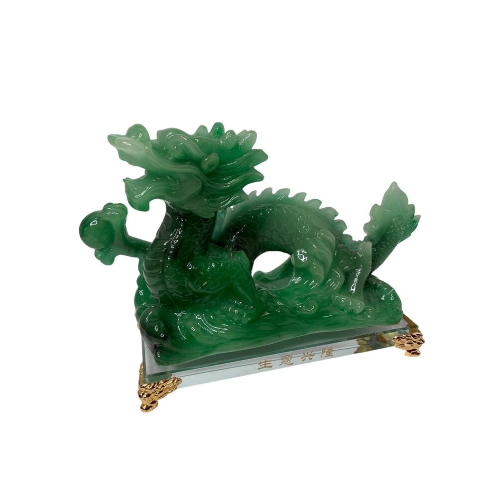 Faux Jade Resin Chinese Feng Shui Dragon Statue Lucky Pearl Green Decor